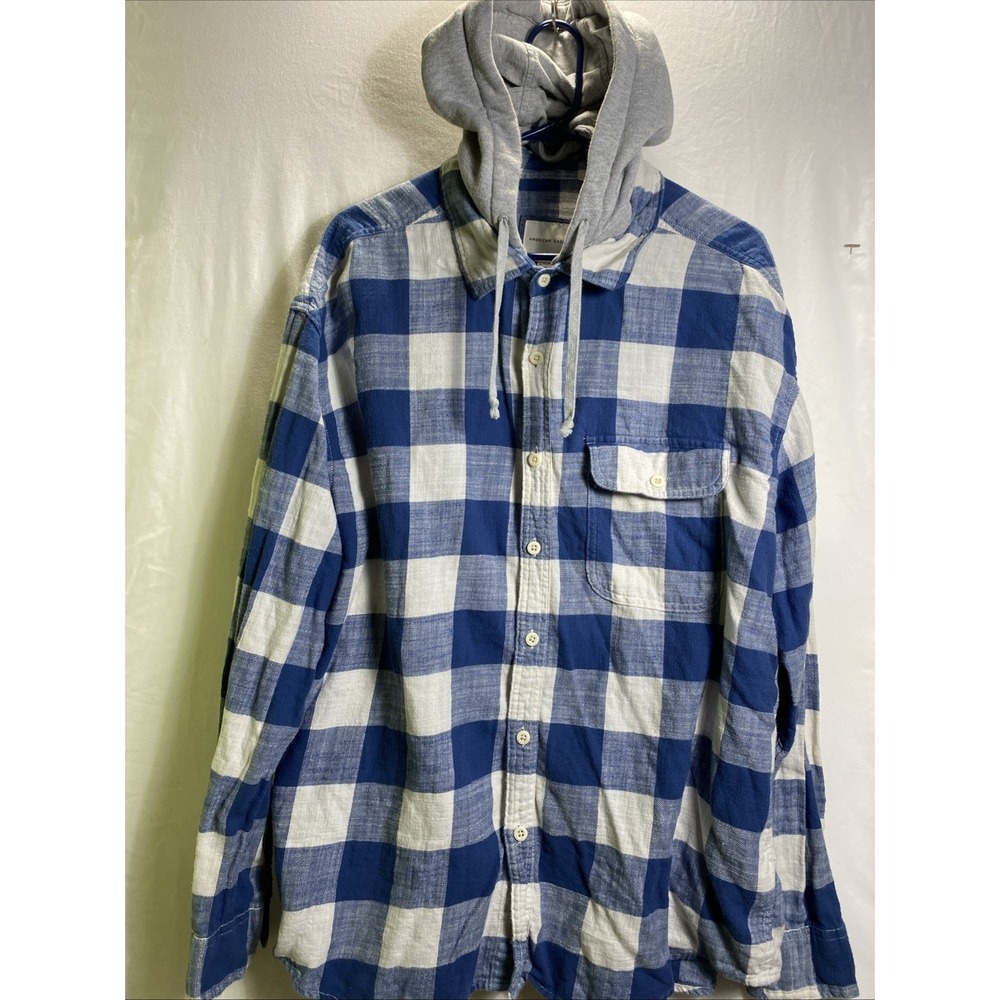 American Eagle Mens XL Blue Plaid Flannel Hoodie Jacket Cotton Detachable Hood
